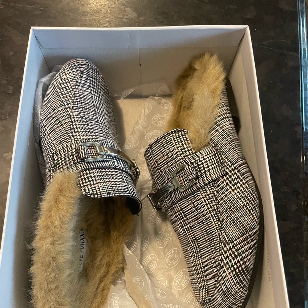 Steve Madden Plaid Fur Lined Slide.